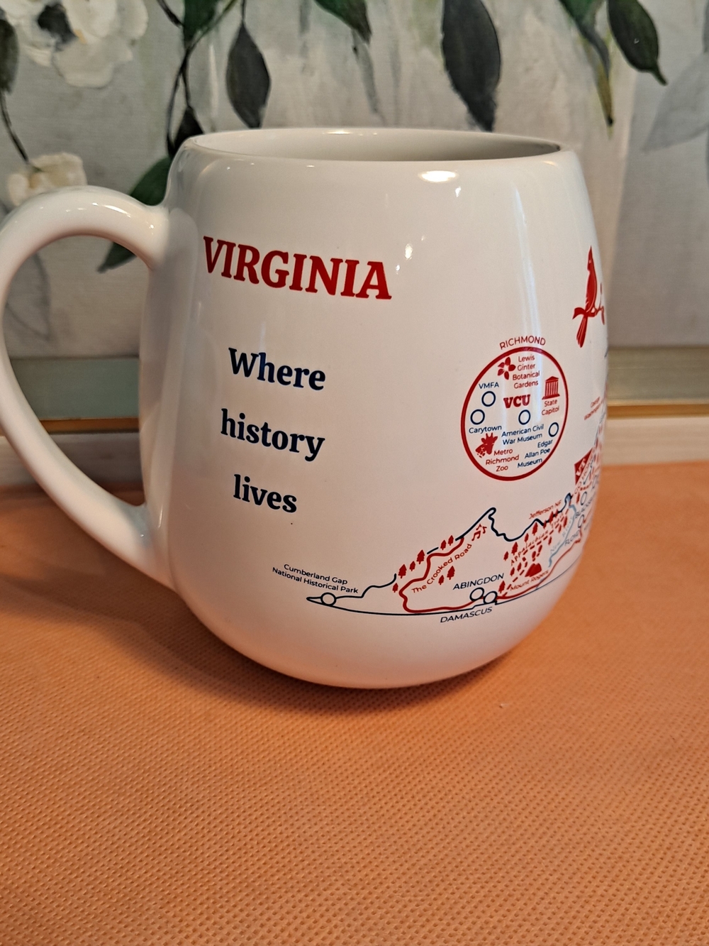 Virginia 'Where History Lives' White Ceramic Mug Red Navy Graphics Map Mug 11oz